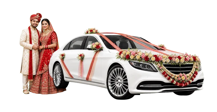 Wedding couple with a fully decorated luxury wedding car