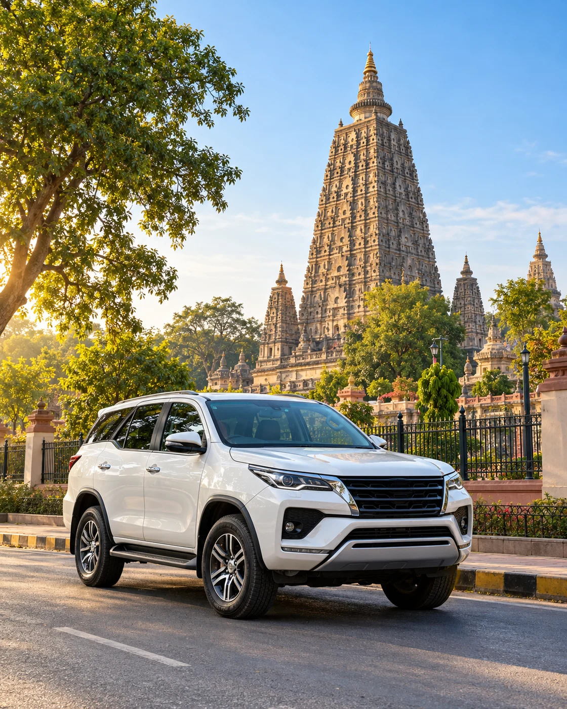 Premium SUV with Mahabodhi Temple in Bodh Gaya — travel illustration